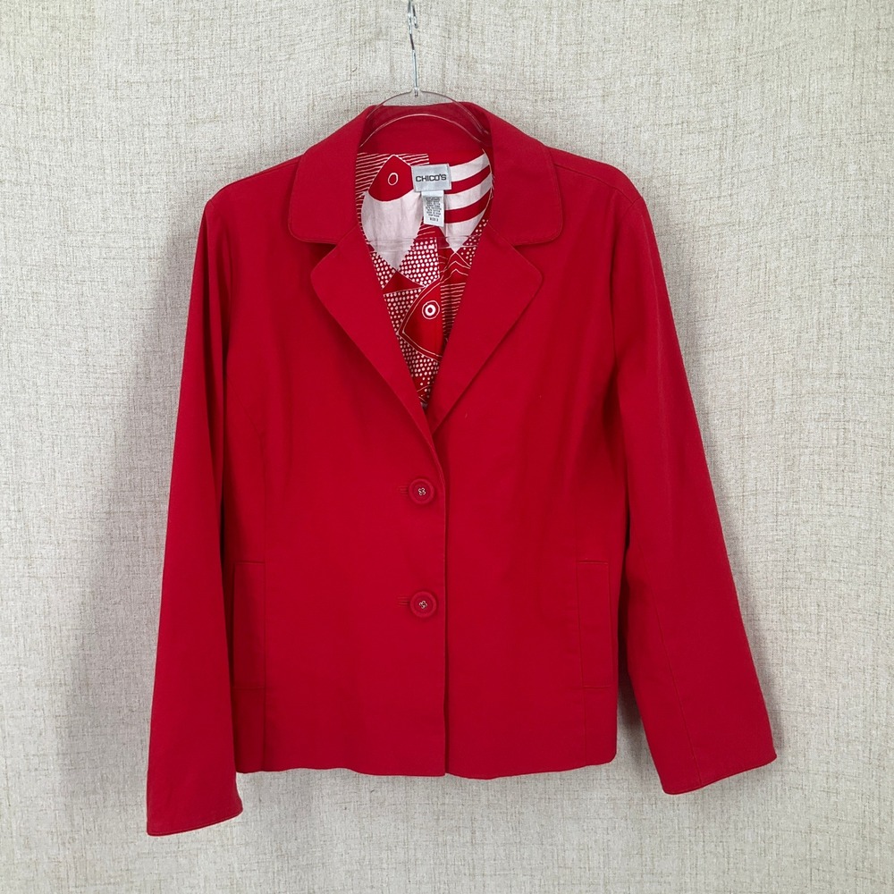 Chico's Blazer Women Size L Red Cotton Fish Print Lining Back Cinch Classic